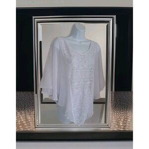 One World Capelet L White Sheer Pointed Hem Floral Inlay Romantic Feminine Boho